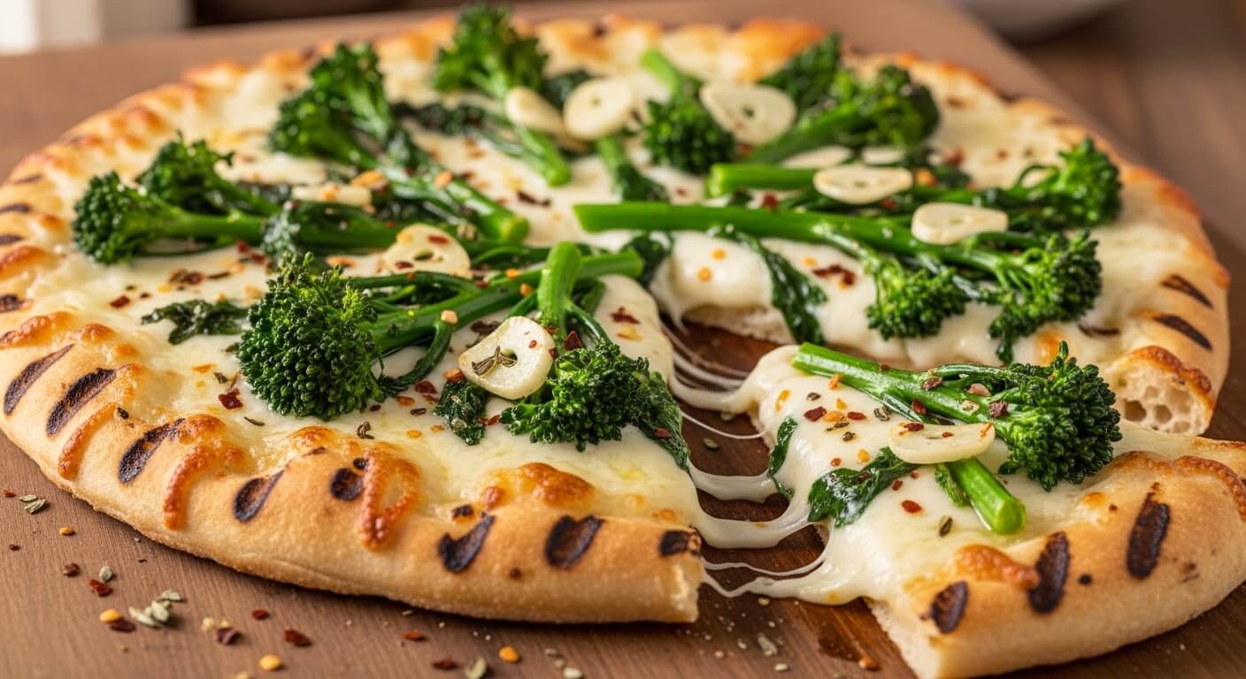 Irisan pizza brokoli dan bawang putih ditarik dari seluruh pizza dengan keju meleleh dan serpihan cabai di papan kayu
