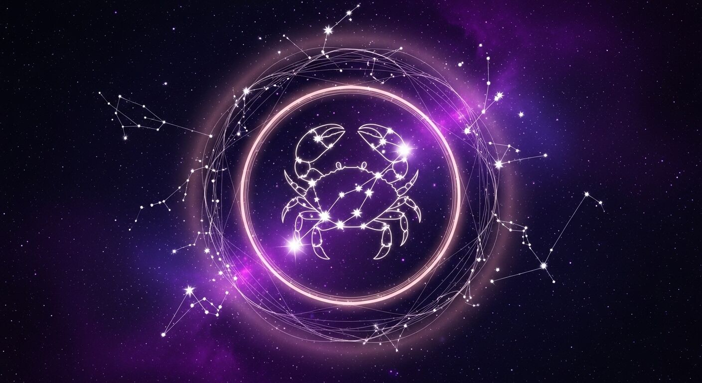 Konstelasi tanda zodiak kanker bersinar di langit malam berbintang ungu dengan konstelasi di sekitarnya.