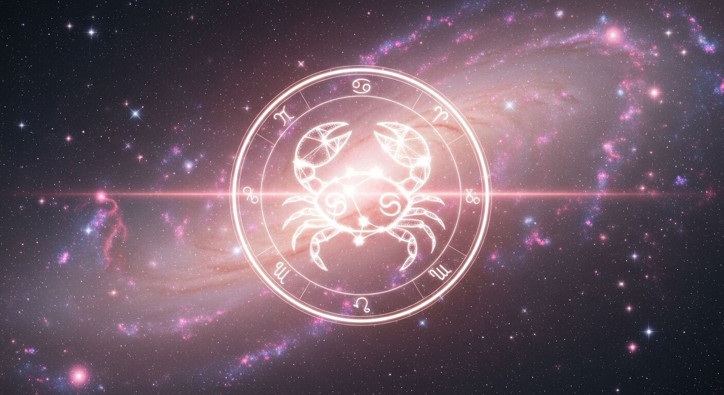 Simbol tanda zodiak Kanker bersinar di atas latar belakang galaksi dengan simbol astrologi di sekitarnya.