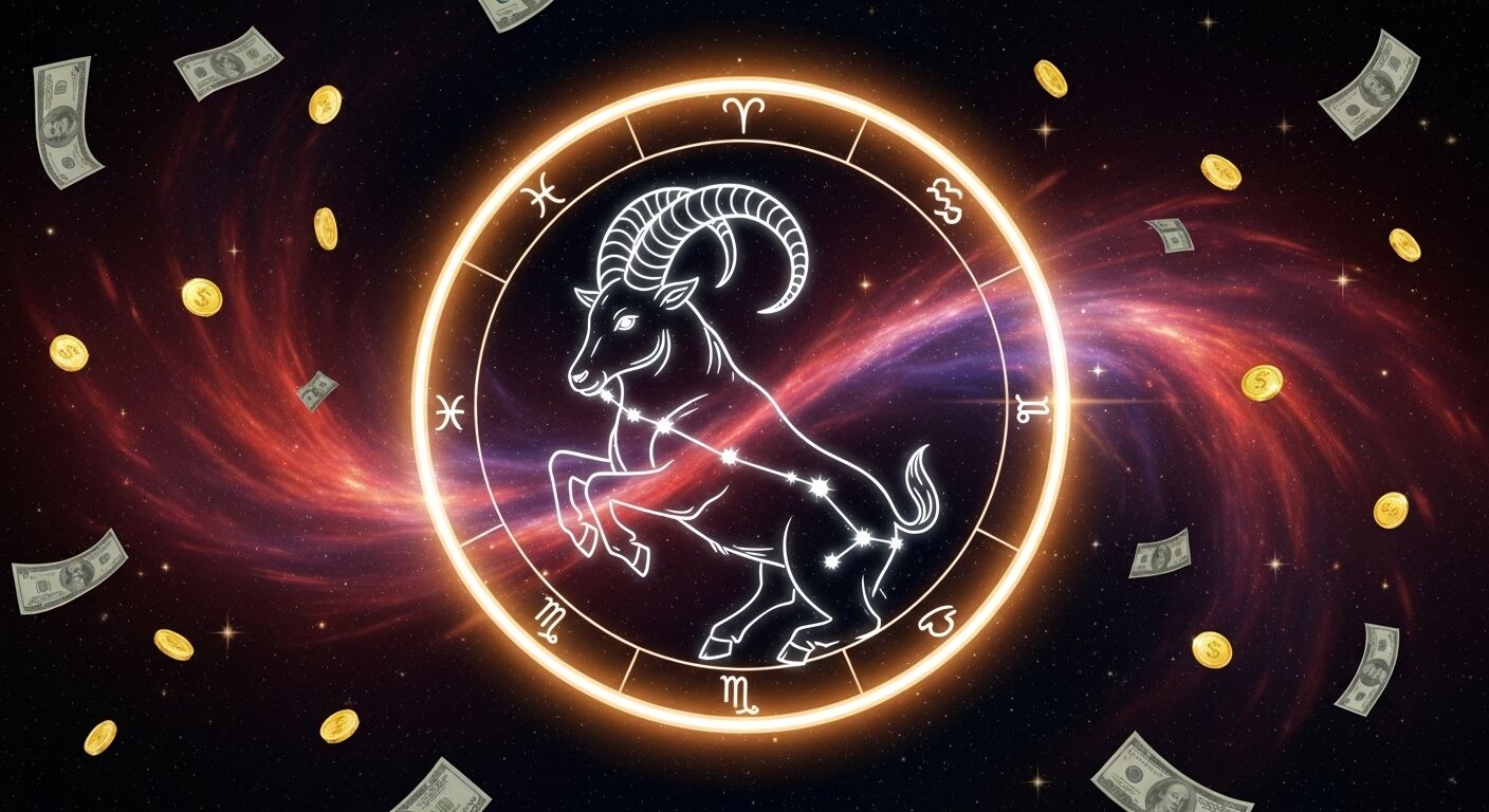 Tanda zodiak Capricorn bersinar dengan konstelasi dan simbol astrologi dikelilingi oleh uang dan koin mengambang di ruang angkasa.