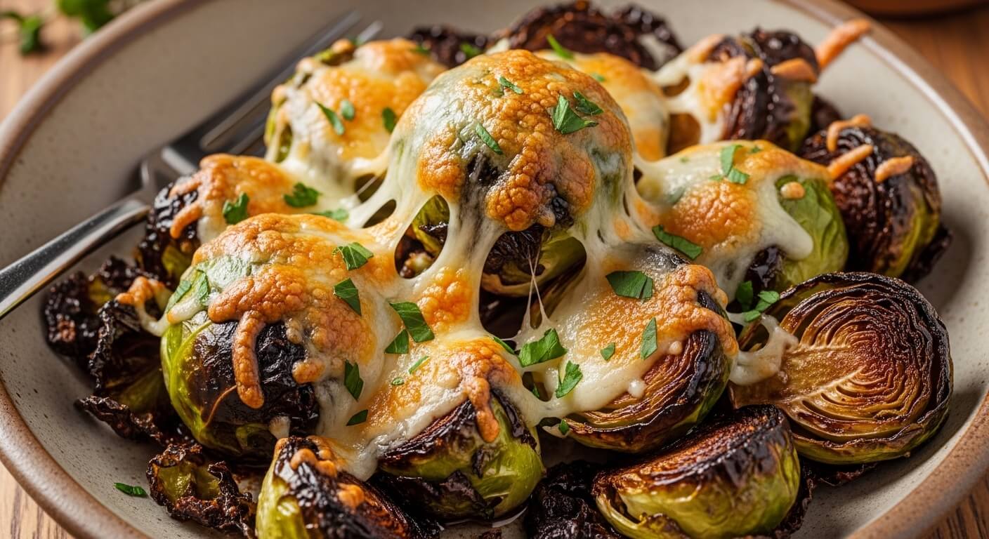 Kubis Brussel panggang dengan taburan keju emas leleh dan peterseli cincang di atas piring krem.