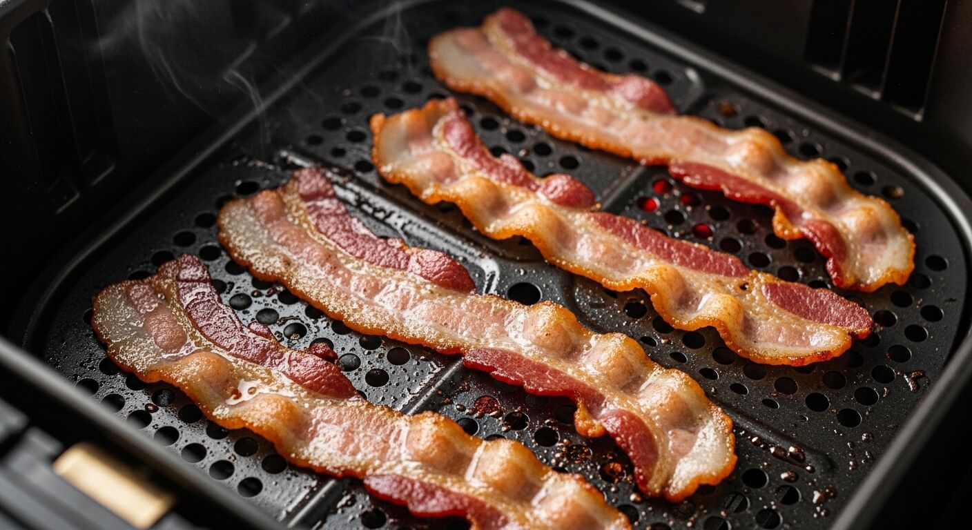 Empat potong bacon renyah dimasak dalam keranjang penggorengan udara