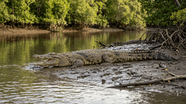 Buaya air asin beristirahat di tepi sungai berlumpur dengan latar belakang pohon bakau