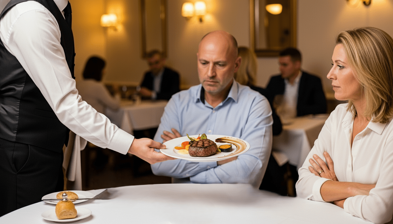 Pelayan menyajikan steak dengan sayuran kepada pria dan wanita yang duduk di meja restoran