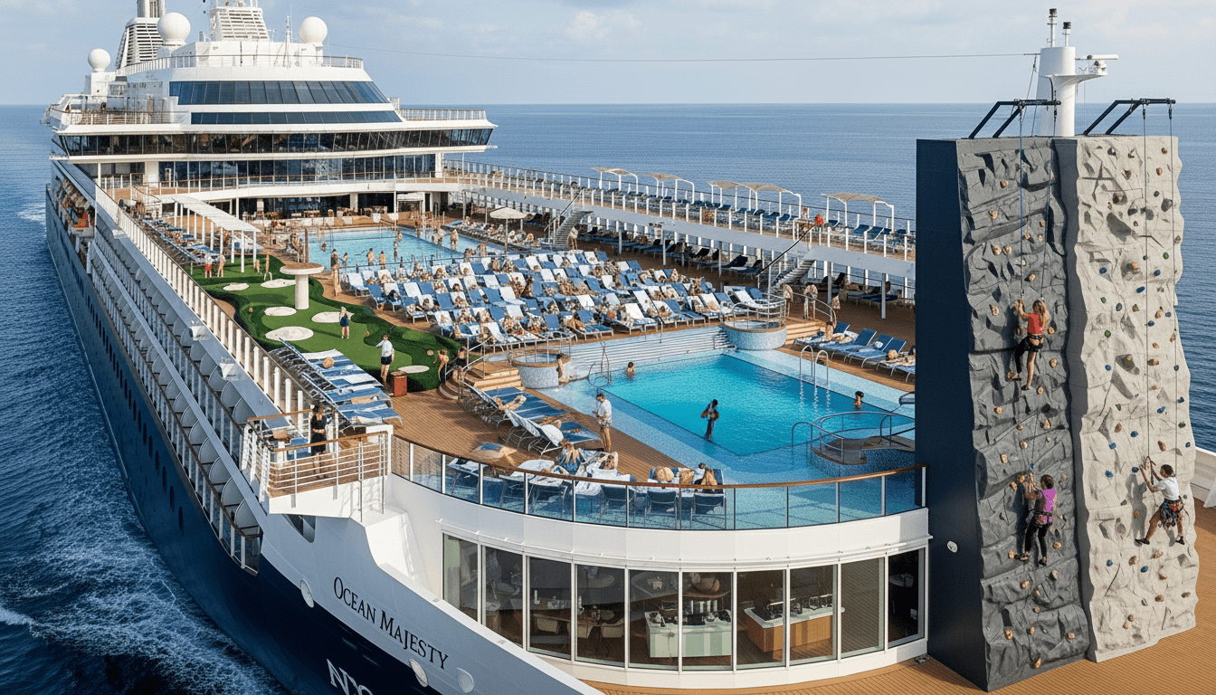 Dek kapal pesiar Ocean Majesty dengan kolam renang, tempat berjemur, golf mini, dan orang-orang memanjat dinding batu di laut.