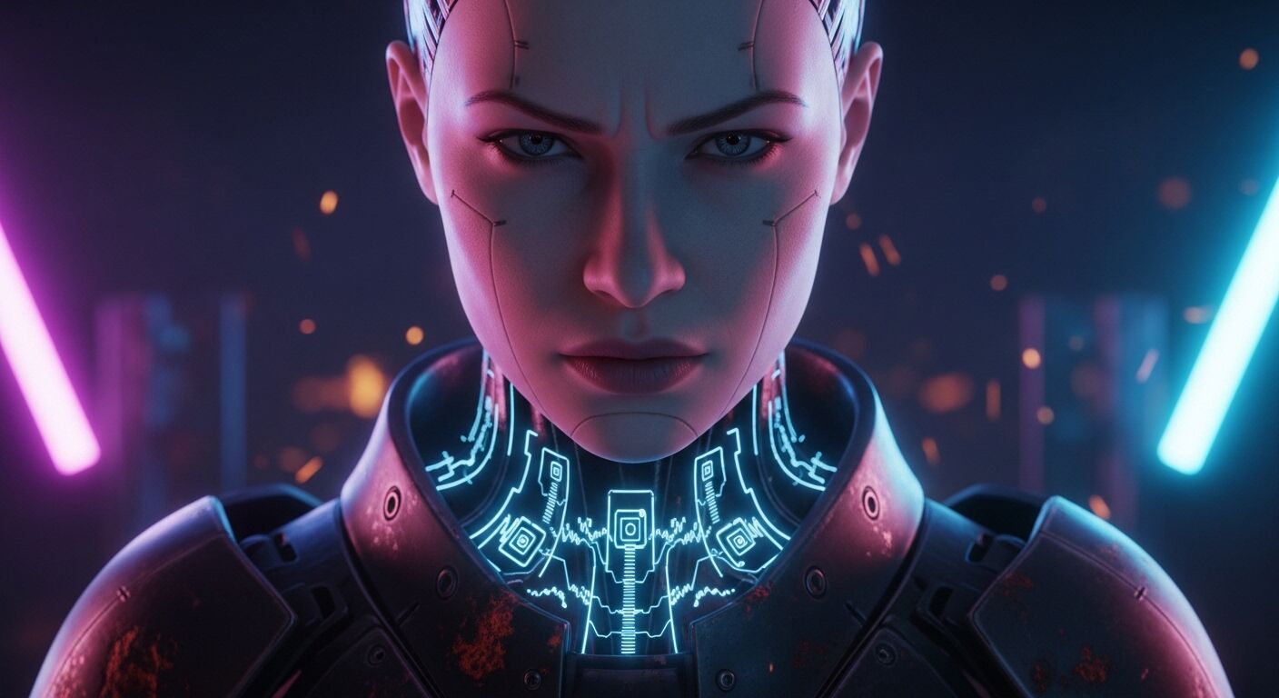Tampilan jarak dekat dari cyborg wanita futuristik dengan sirkuit biru menyala di lehernya dan ekspresi intens.