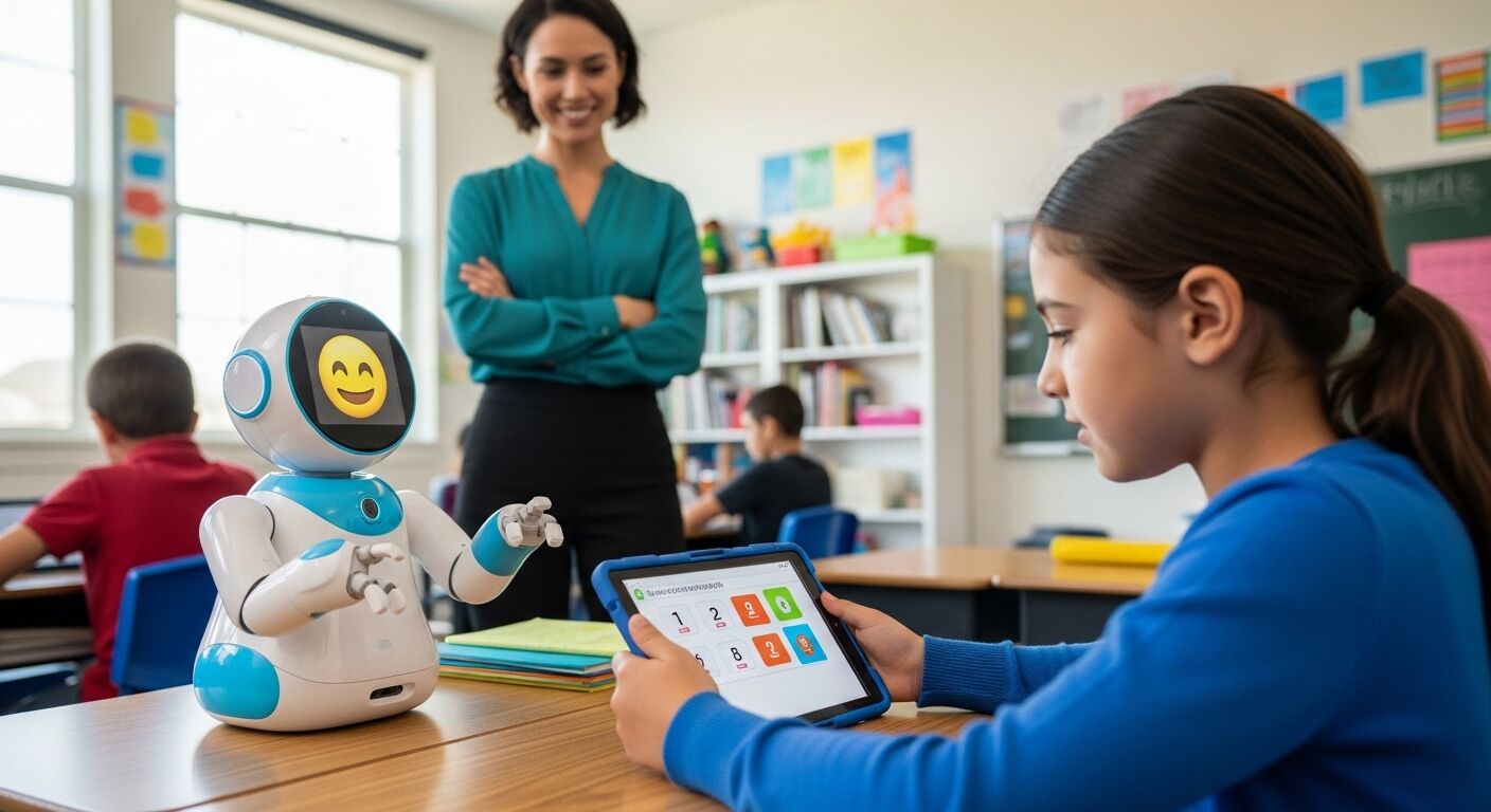 Gadis muda menggunakan tablet dengan robot pendidikan tersenyum di ruang kelas sementara seorang guru menonton