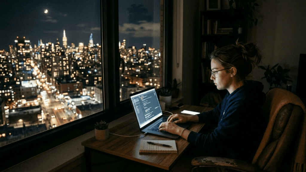 Wanita berkacamata mengerjakan laptop dengan kode di layar pada malam hari dekat jendela yang menghadap cakrawala kota
