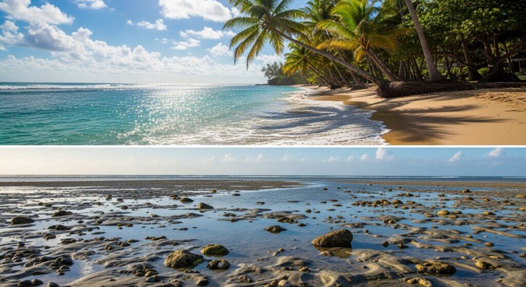 Pantai tropis dengan pohon palem dan air biru jernih di atasnya, dataran pasang surut berbatu dengan air dangkal di bawahnya.