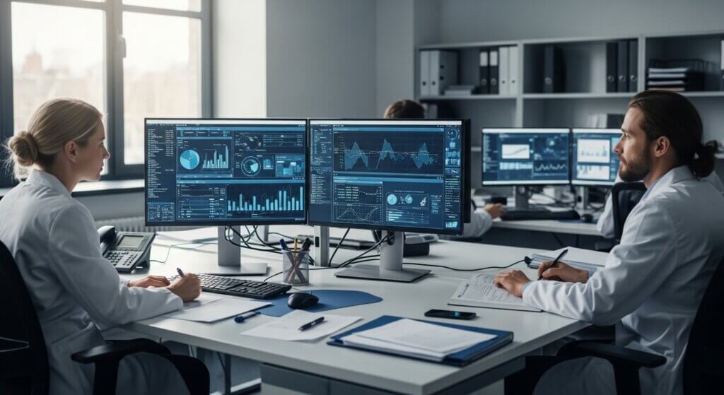 Dua ilmuwan berjas laboratorium menganalisis data pada monitor komputer ganda di kantor modern.