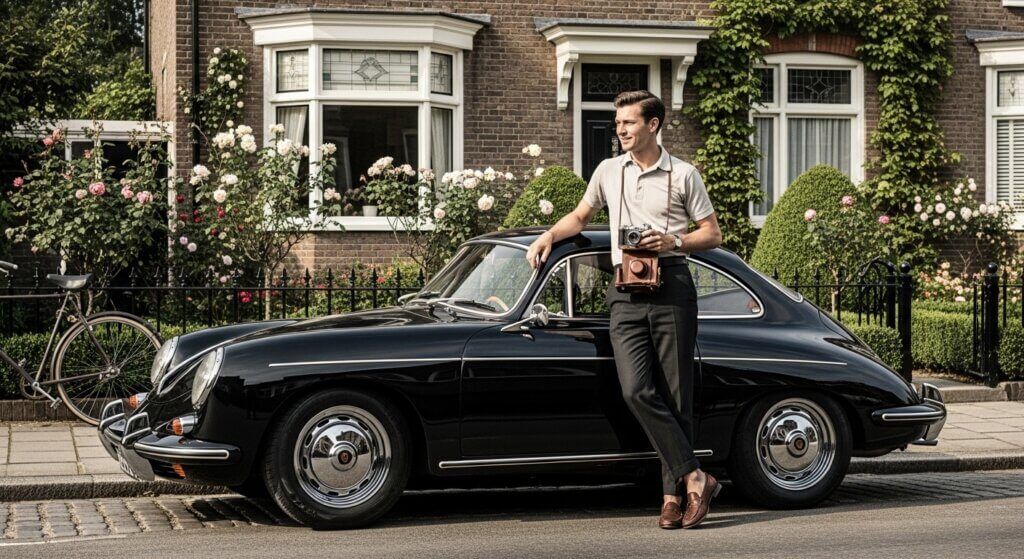 Pria berpakaian vintage memegang kamera bersandar pada Porsche 356 klasik hitam yang diparkir di jalan dengan bunga dan rumah bata.