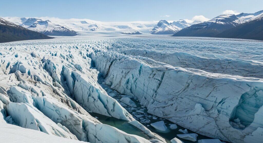 Gletser Perito Moreno dengan celah dalam dan pegunungan di sekitarnya yang tertutup salju di Patagonia, Argentina