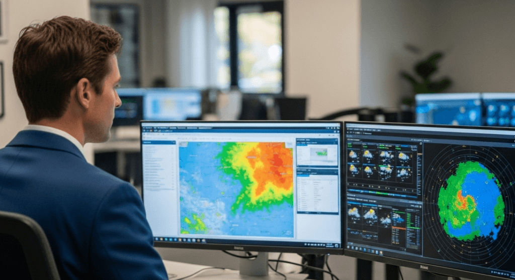 Pria berjas biru menganalisis radar cuaca dan data perkiraan pada monitor ganda di kantor.