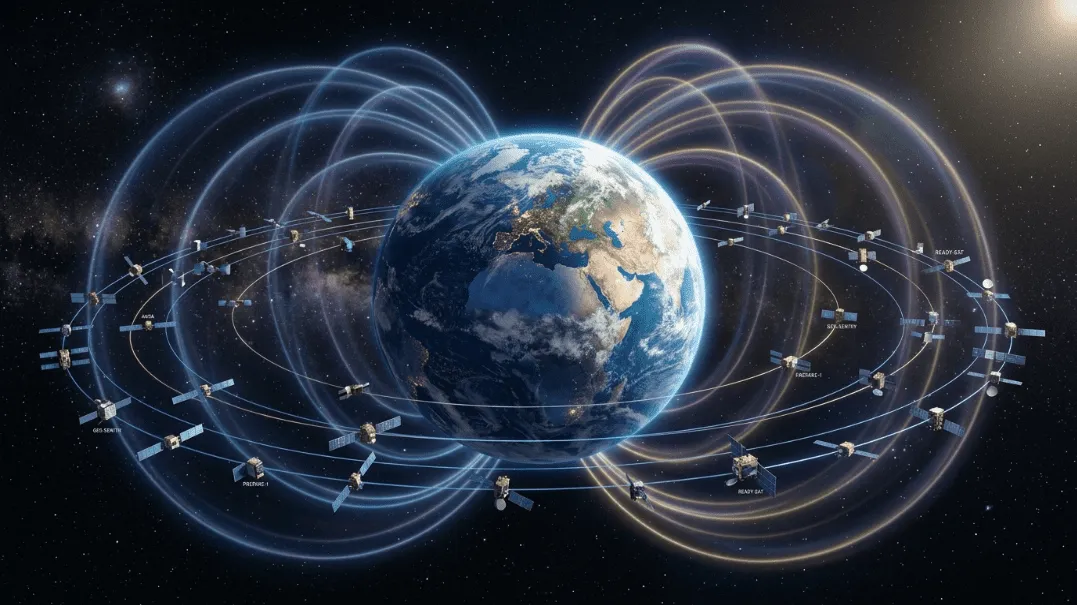 Bumi dikelilingi oleh beberapa satelit di orbit dengan garis-garis medan magnet yang tergambar di sekeliling planet.