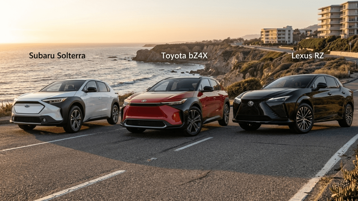 Subaru Solterra putih, Toyota bZ4X merah, dan Lexus RZ hitam diparkir di tepi jalan pantai saat matahari terbenam