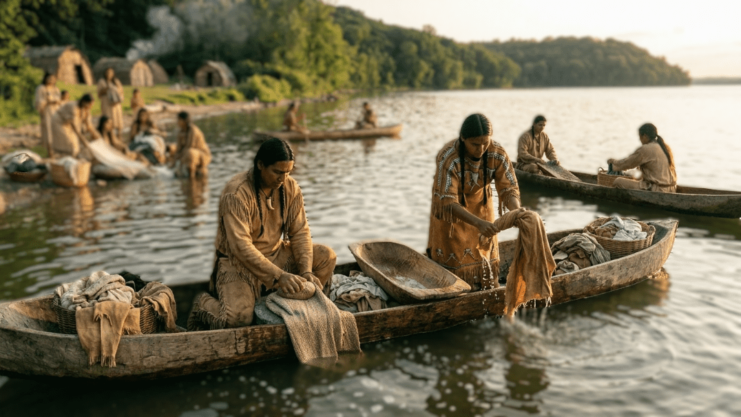 Masyarakat adat mencuci dan menggosok pakaian di kano kayu di sungai dekat gubuk tradisional.