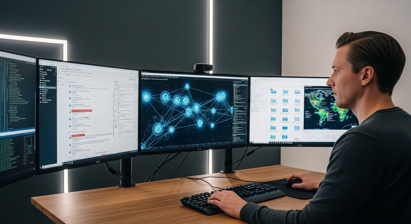Orang yang mengerjakan data dan kode keamanan siber di empat monitor layar lebar di meja