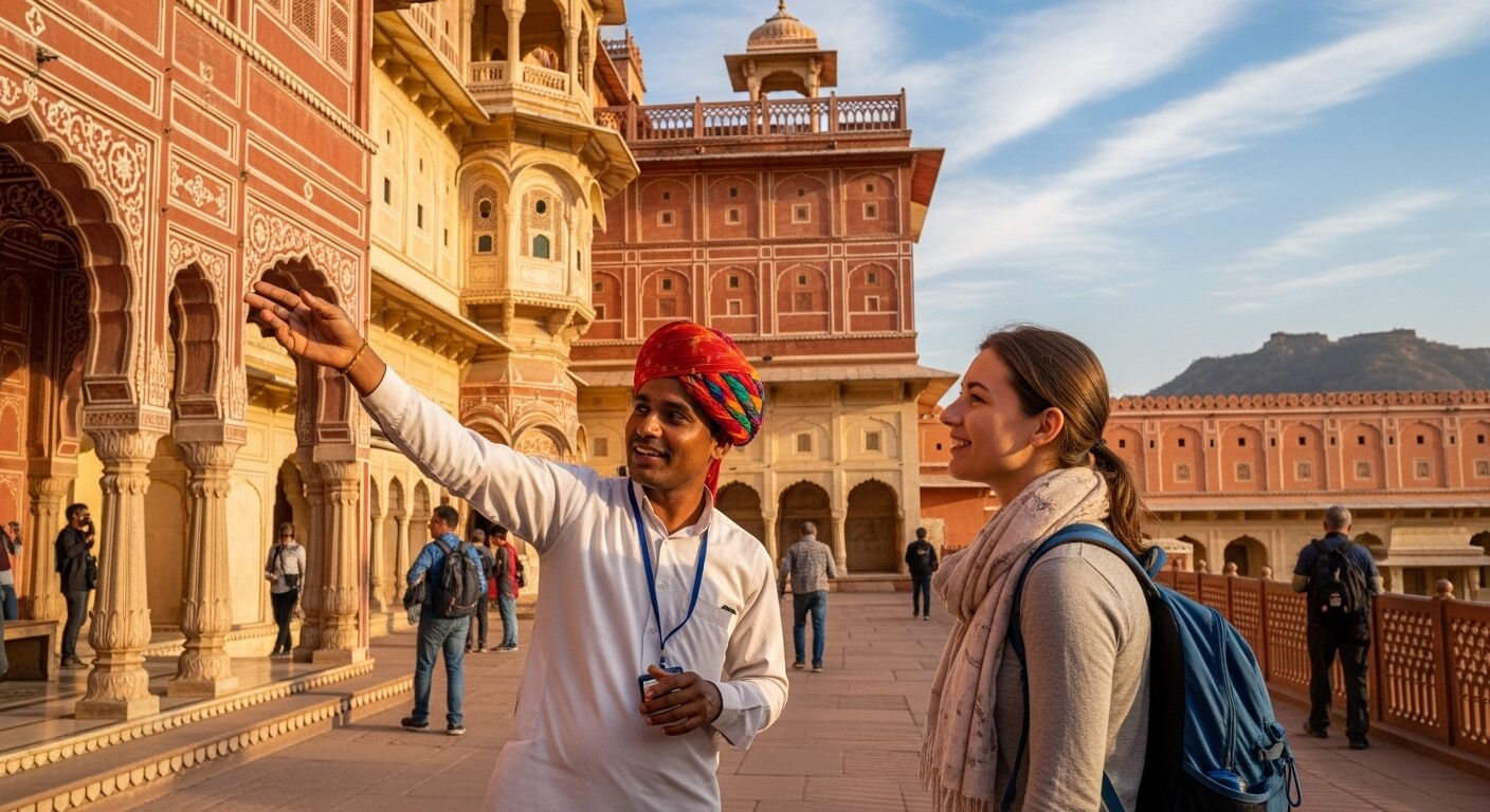 Pemandu wisata dengan sorban merah menjelaskan arsitektur kepada turis wanita di benteng bersejarah India.