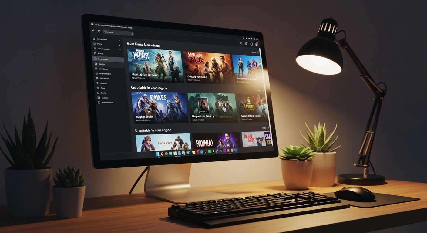 Layar komputer desktop menampilkan pasar game indie dengan keyboard, mouse, lampu meja, dan tanaman pot.