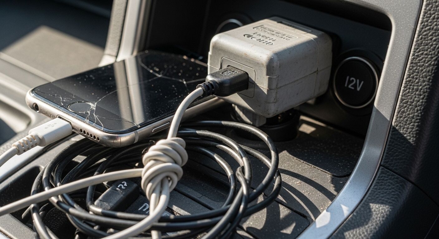 Pengisian daya ponsel cerdas yang retak dengan kabel USB yang terhubung ke adaptor daya mobil 12V di konsol kendaraan.