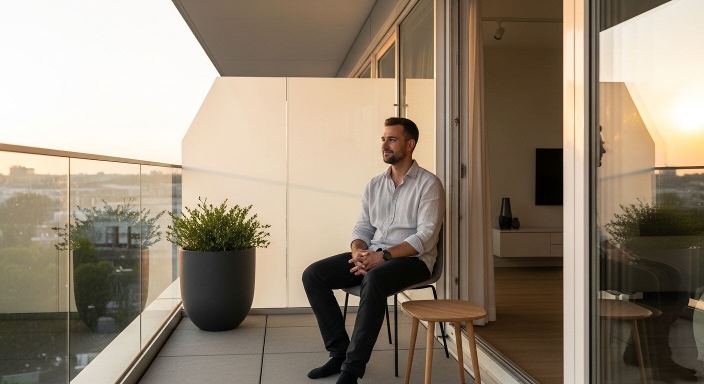 Pria berkemeja putih dan celana hitam duduk di kursi balkon saat matahari terbenam di samping pot tanaman besar dan bangku kayu