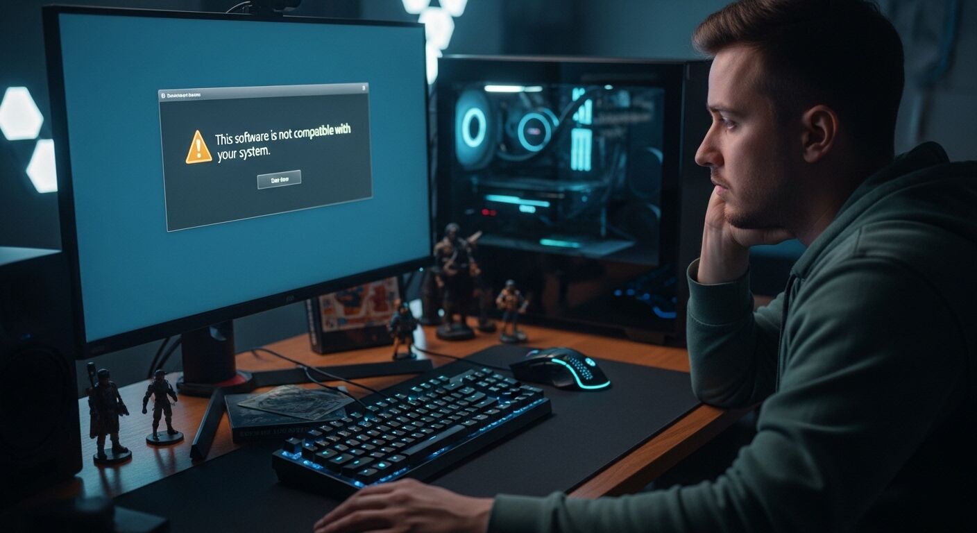 Pria berkerudung hijau melihat layar komputer yang menunjukkan pesan kesalahan kompatibilitas perangkat lunak