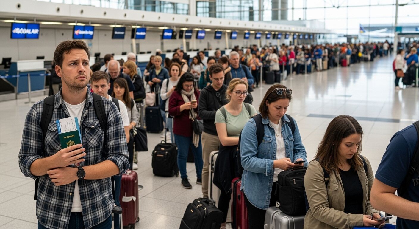 Penumpang yang menunggu dalam antrean check-in bandara yang panjang dengan bagasi dan boarding pass terlihat