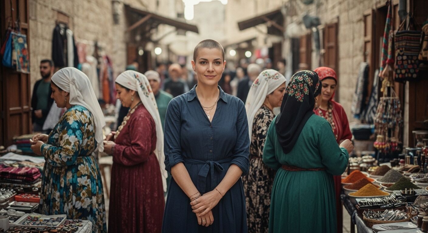 Wanita berkepala gundul dengan gaun biru berdiri di pasar tradisional yang sibuk dengan wanita berpakaian warna-warni dan jilbab berbelanja di sekelilingnya