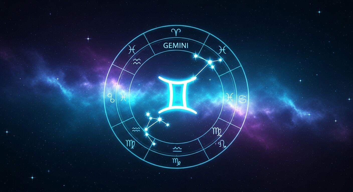 Simbol dan konstelasi zodiak Gemini bersinar dalam bagan astrologi melingkar dengan latar belakang galaksi berbintang.