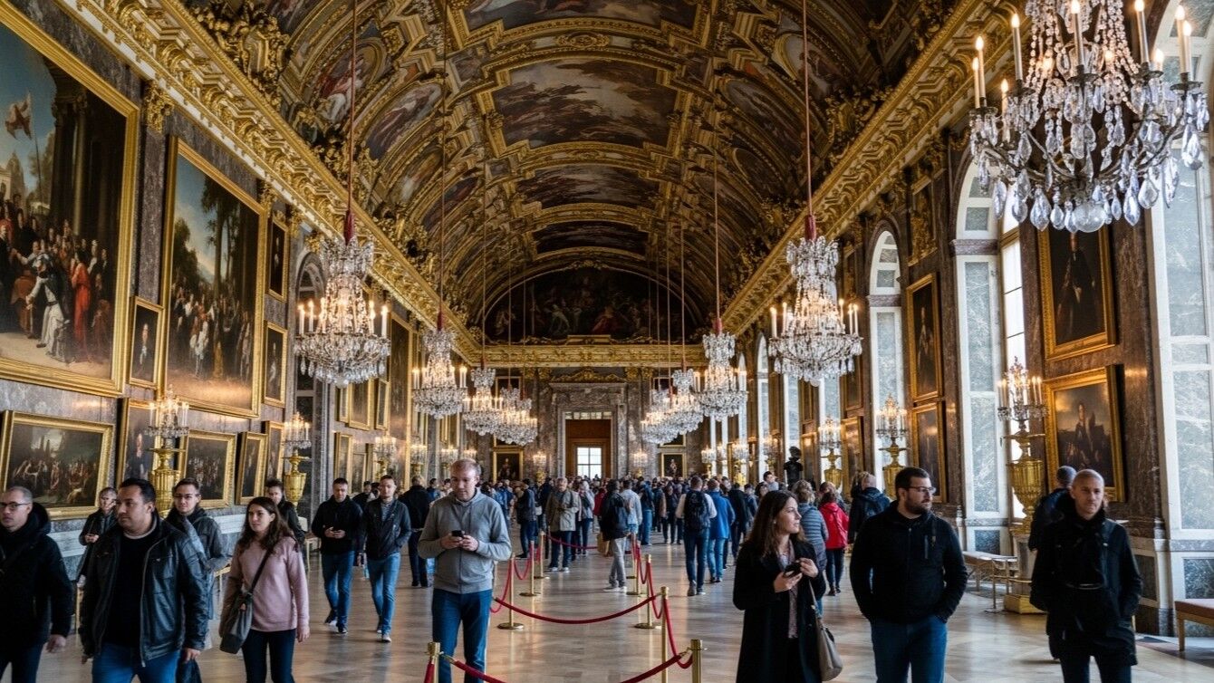 Pengunjung berjalan melalui Hall of Mirrors di Istana Versailles dengan hiasan lampu gantung dan lukisan di dinding.