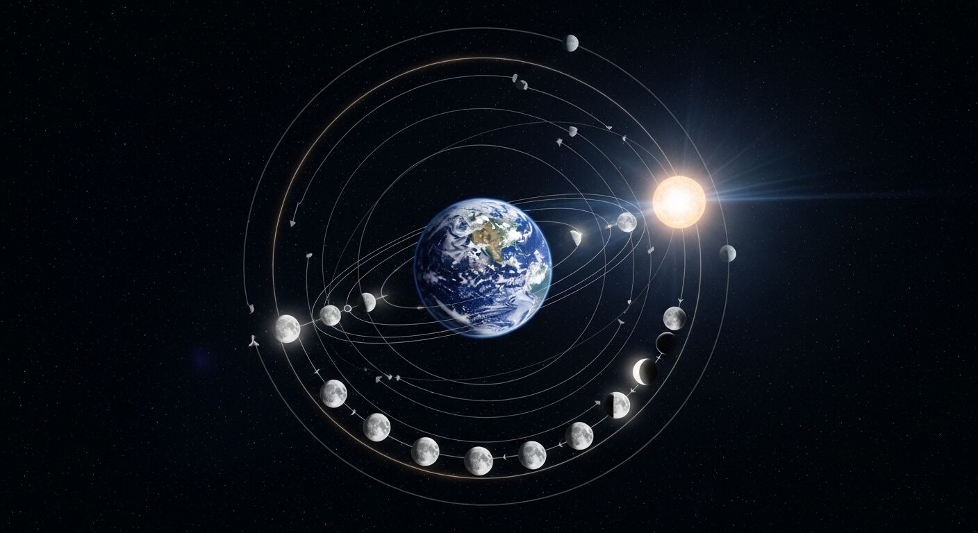 Diagram menunjukkan orbit Bumi mengelilingi Matahari dan fase Bulan serta orbit mengelilingi Bumi
