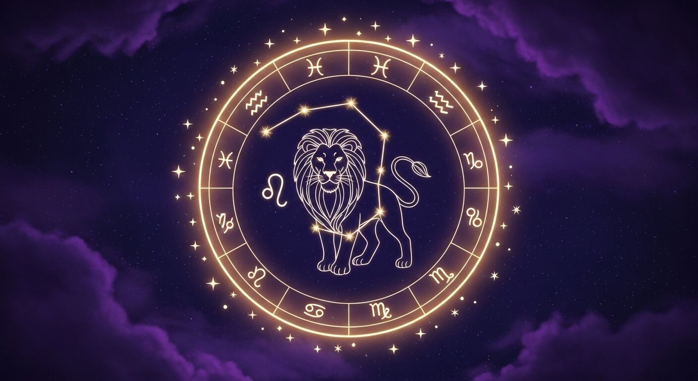Roda zodiak dengan konstelasi Leo bersinar dan ilustrasi singa dengan latar langit malam ungu berbintang.