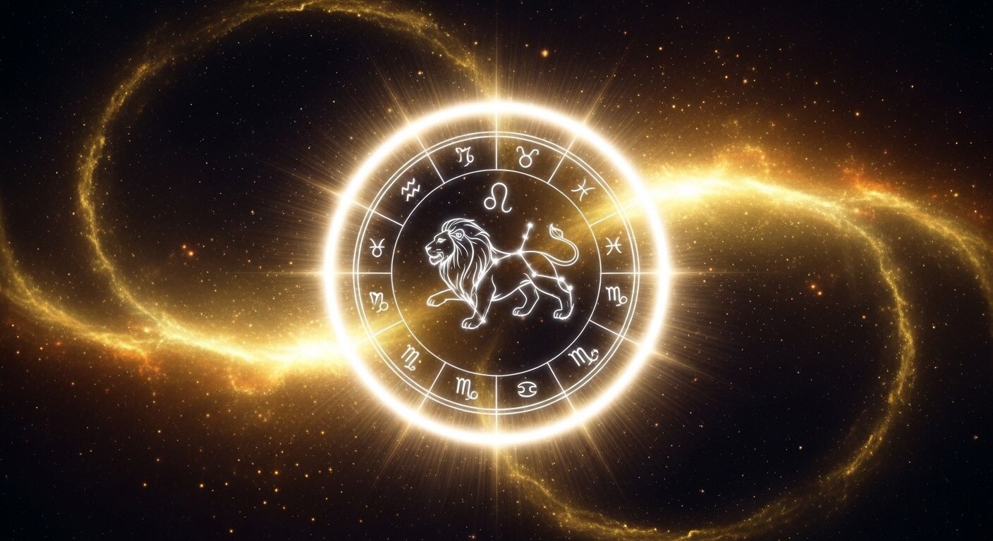 Roda zodiak bersinar dengan simbol Leo dan konstelasi dalam latar belakang berbintang kosmik dengan jalur cahaya emas.