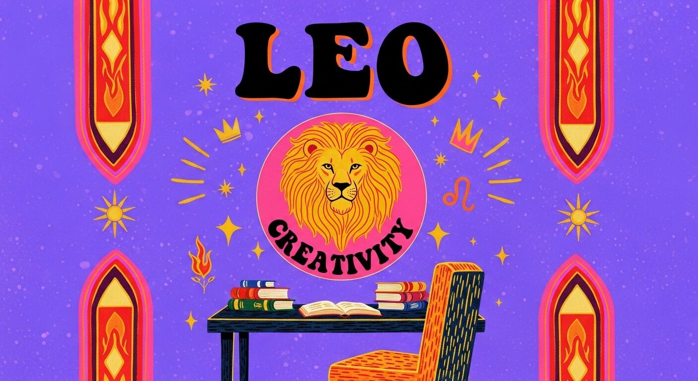 Zodiak Leo dengan ilustrasi singa, teks kreativitas, dan meja dengan buku dengan latar belakang ungu