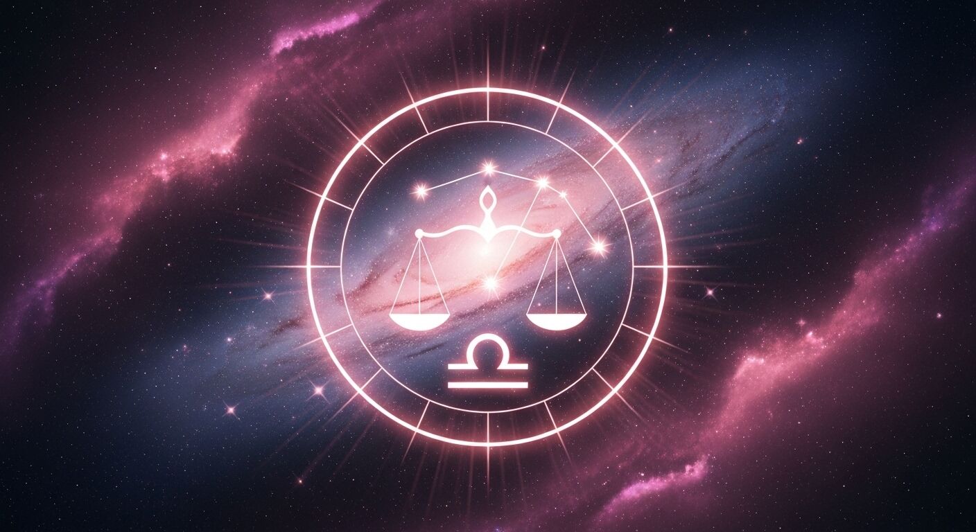 Simbol zodiak Libra bersinar dengan skala dan konstelasi dengan latar belakang galaksi