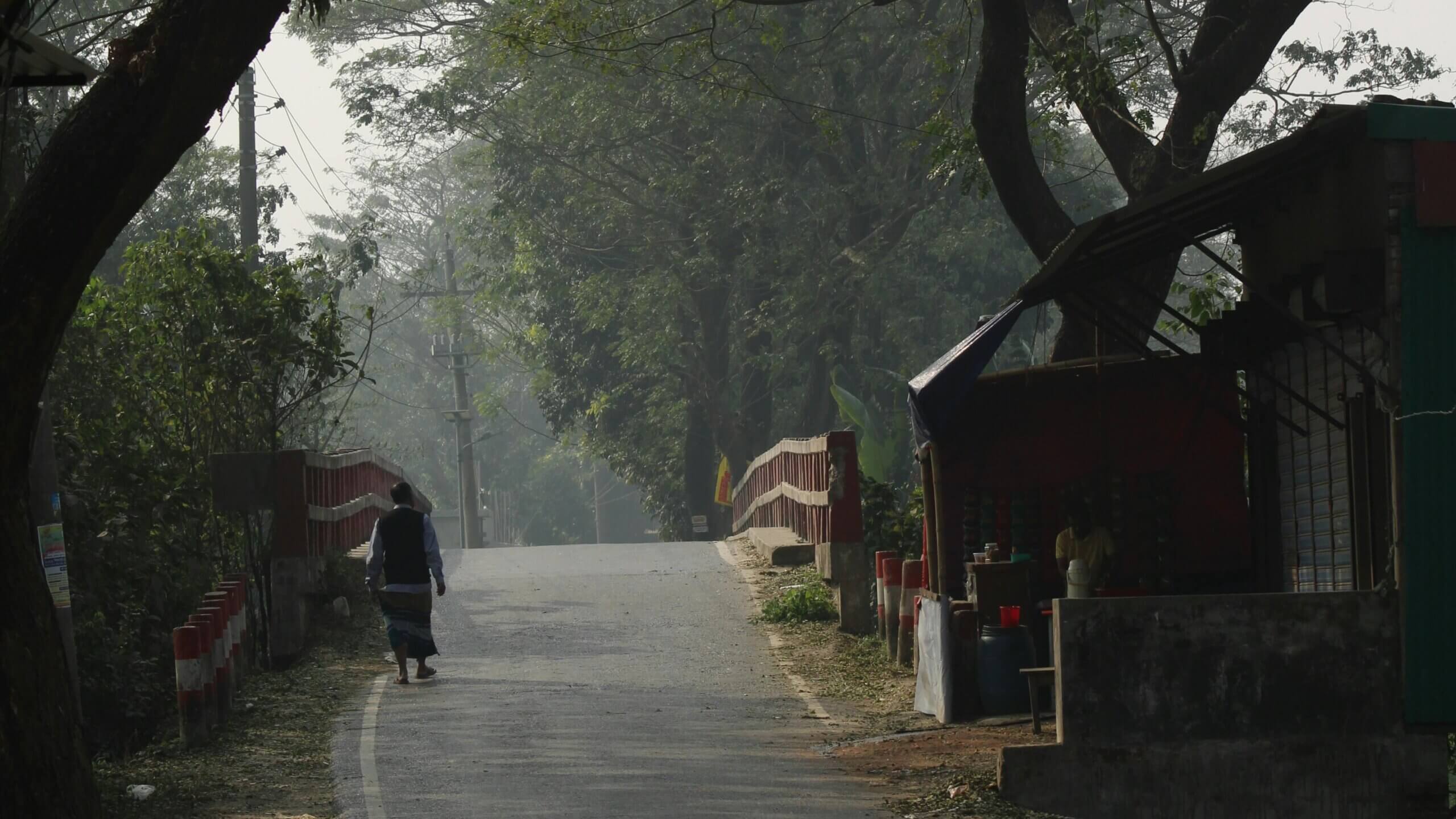 Seseorang berjalan di jalan pedesaan dekat kios pinggir jalan kecil dengan latar belakang pepohonan dan tiang listrik