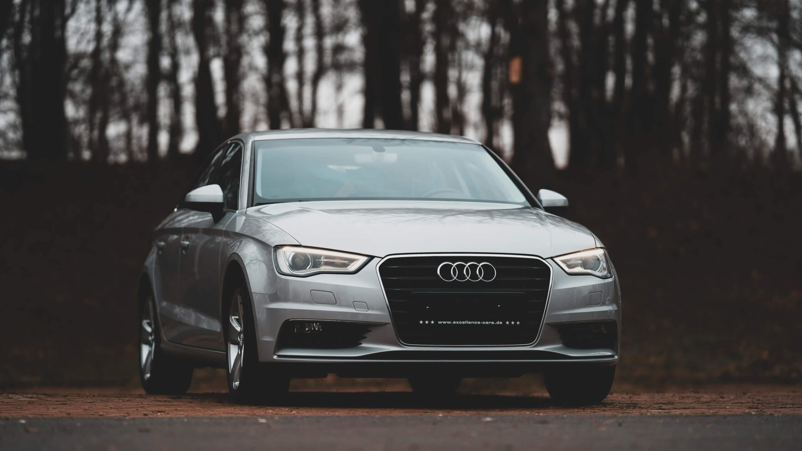 Sedan Audi perak diparkir di jalan dengan latar belakang hutan saat senja