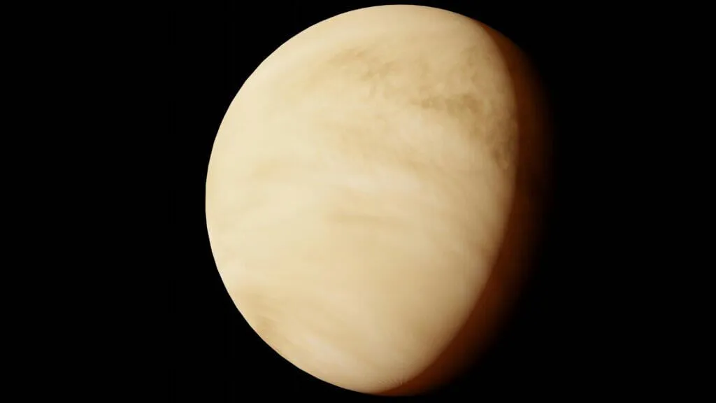 Planet Venus dengan tutupan awan tebal kekuningan dengan latar belakang ruang hitam