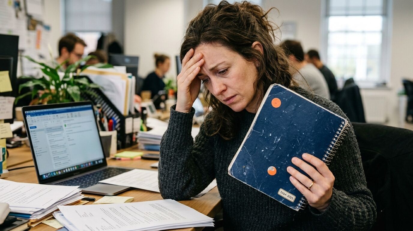 Wanita stres memegang buku catatan biru dan duduk di meja kantor yang berantakan dengan laptop dan kertas.