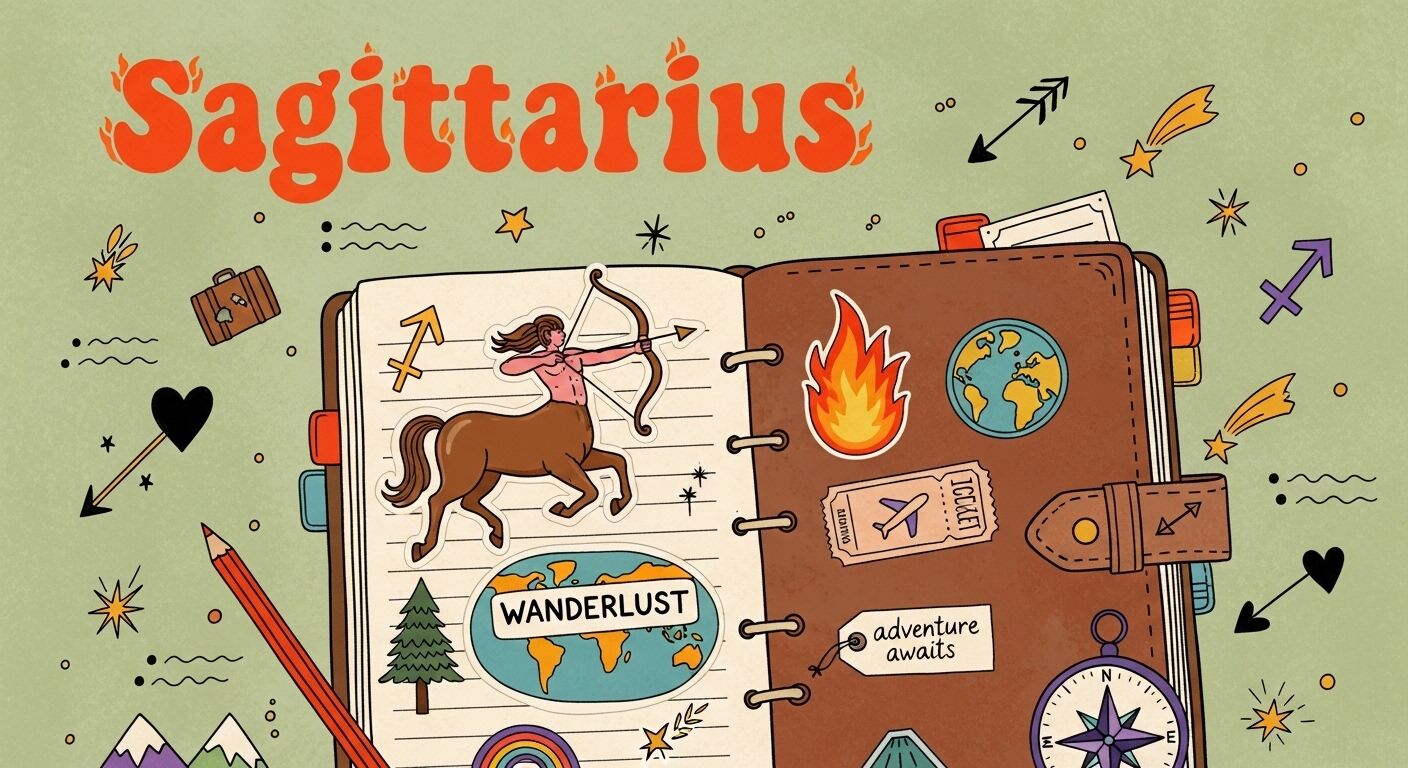 Jurnal terbuka bertema zodiak Sagitarius dengan pemanah centaur, stiker perjalanan, dan ikon petualangan.