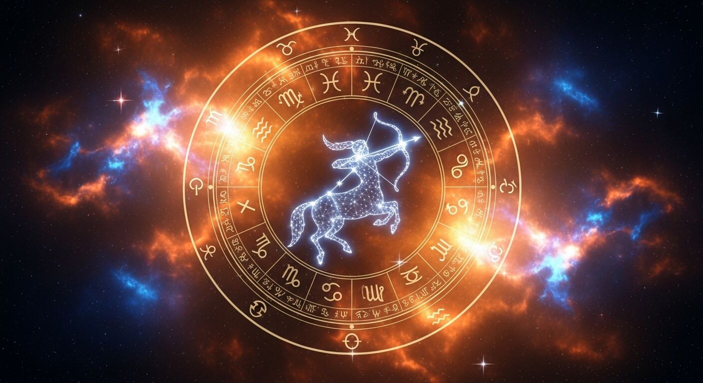 Roda zodiak dengan konstelasi pemanah centaur Sagitarius yang bersinar dengan latar belakang kosmik.