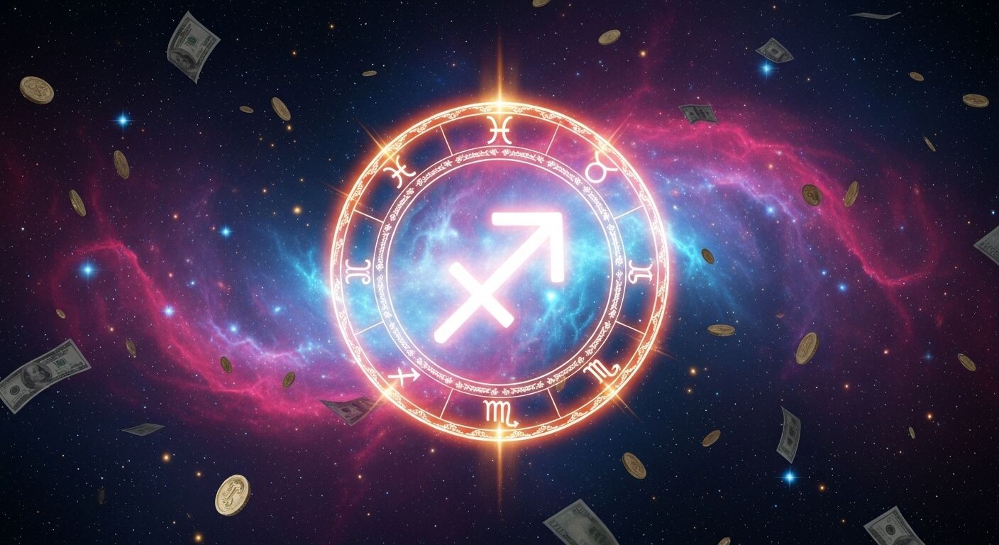 Simbol zodiak Sagitarius bersinar dikelilingi oleh tanda-tanda astrologi, koin mengambang, dan uang dolar di ruang angkasa.