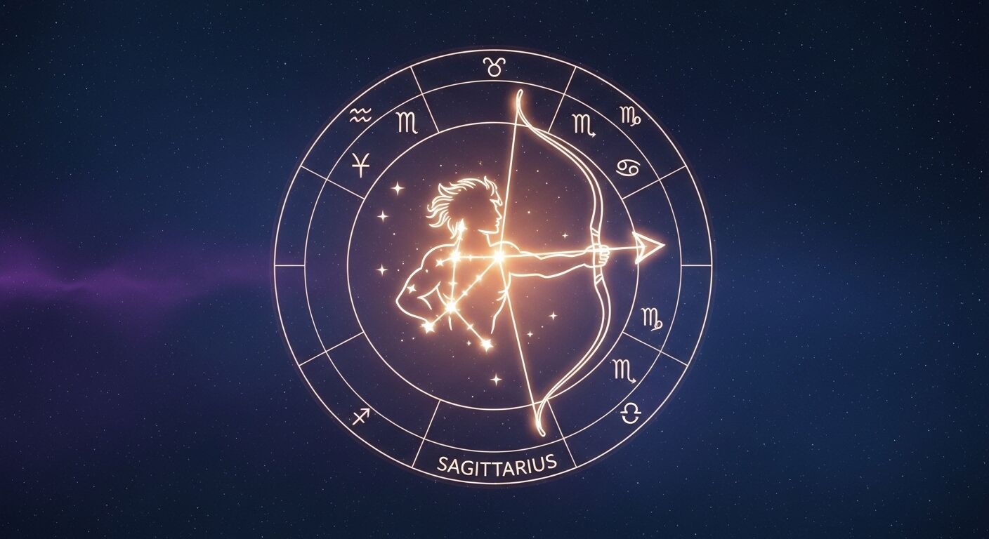 Tanda zodiak Sagitarius bersinar dengan konstelasi pemanah dengan latar langit malam berbintang