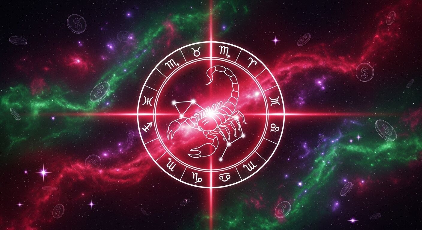 Tanda zodiak Scorpio bersinar dengan konstelasi dalam latar belakang kosmik berwarna-warni dengan koin dolar mengambang.