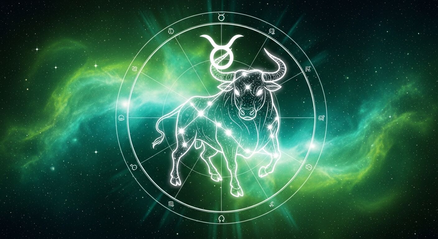 Konstelasi zodiak Taurus bersinar dalam latar belakang kosmik hijau dengan lingkaran simbol astrologi.