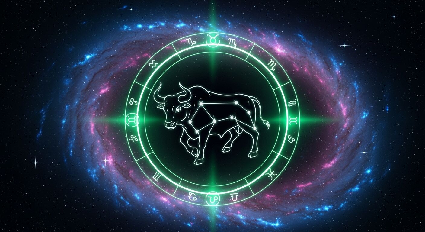 Konstelasi Zodiak Taurus bersinar dalam lingkaran hijau dengan tanda-tanda zodiak lainnya dengan latar belakang galaksi