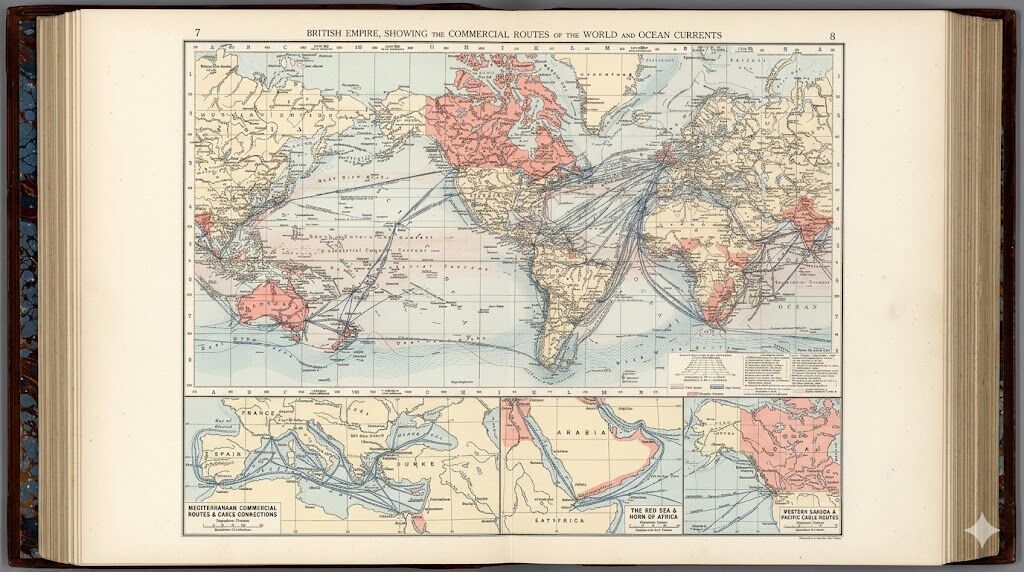 Peta rute komersial Kerajaan Inggris dan arus laut di seluruh dunia, termasuk wilayah Mediterania dan Pasifik.
