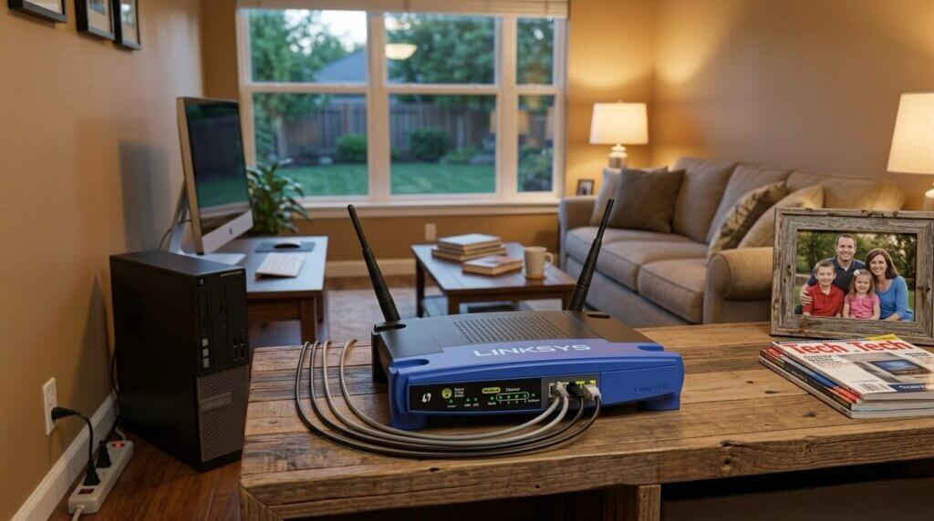 Router nirkabel Linksys dengan antena dan kabel yang terhubung di meja kayu di ruang tamu dengan komputer dan foto keluarga.