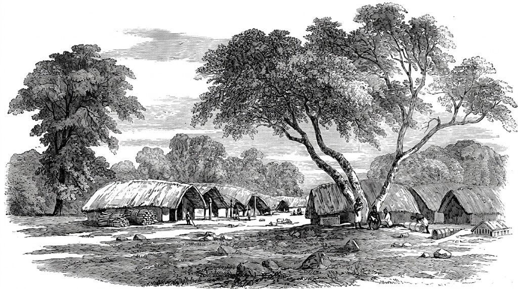 Ilustrasi hitam putih sebuah desa pedesaan dengan gubuk jerami dan pepohonan besar yang mengelilingi area tersebut.