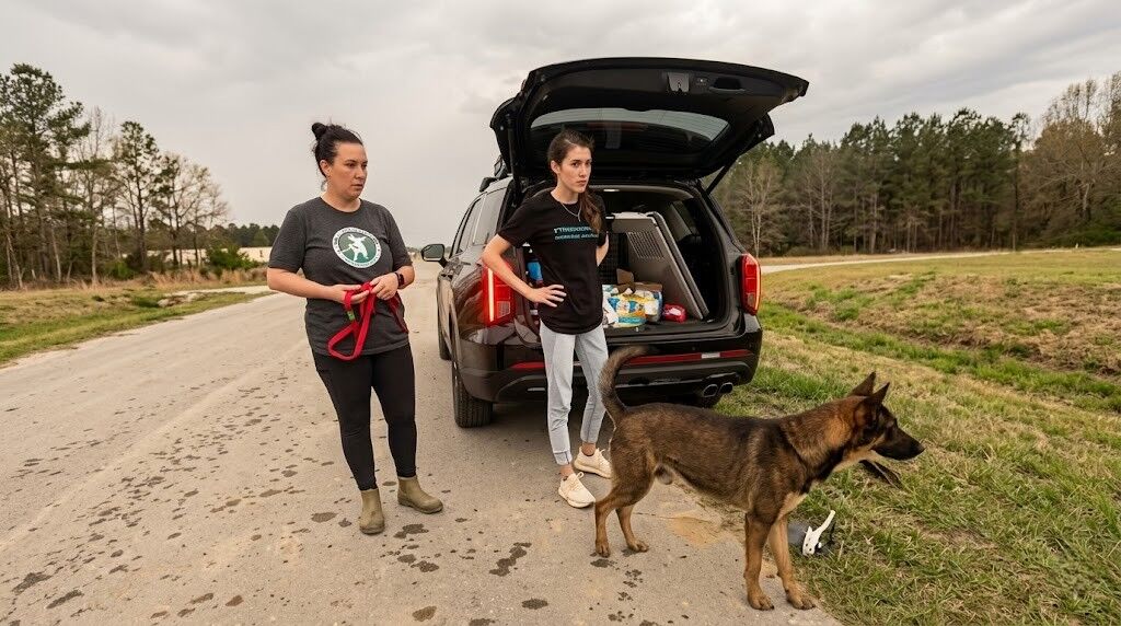 Dua wanita berdiri di dekat bagasi SUV terbuka dengan perlengkapan anjing dan seekor Anjing Gembala Jerman di jalan pedesaan.